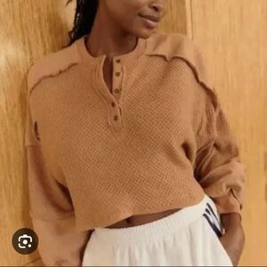 Out From Under Mel Cozy Henley Top Brown Crop Sweatshirt OverSize Small